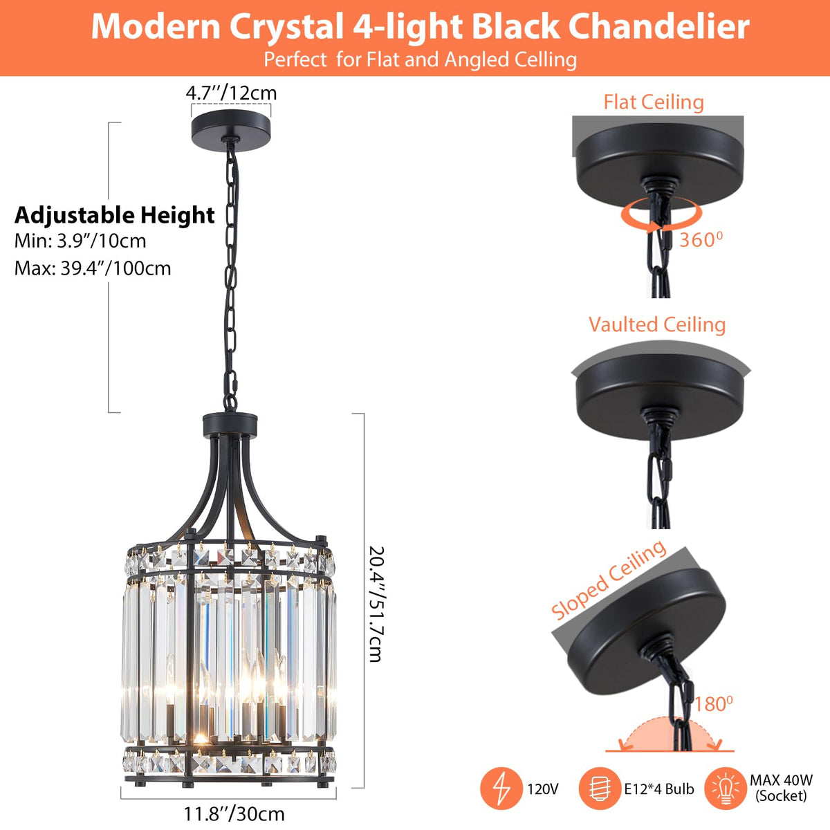 Lantern Crystal Chandeliers for Dining Room (Black)