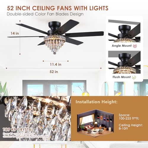 52" Low Profile Crystal Ceiling Fans with LED Lights and Remote (Black-52IN-5018)