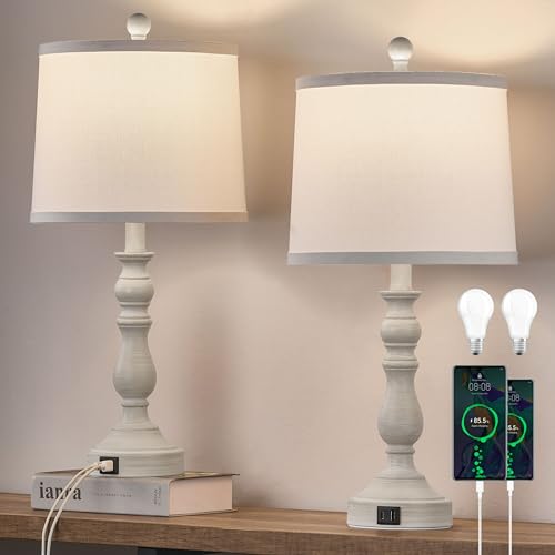 Farmhouse Side Table Lamps for Living Room Set of 2 with USB C+A Ports
