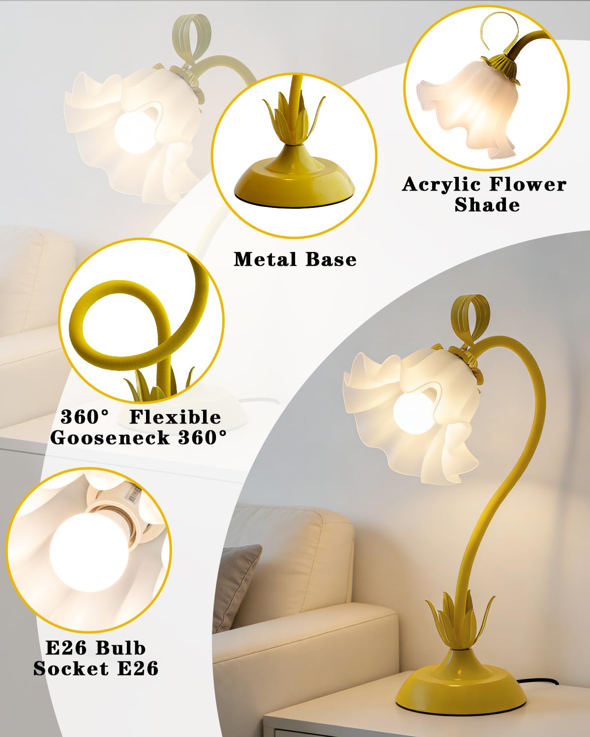 Flower Table Lamp Cute Desk Lamp for Bedroom Home Decor (Yellow / Medium)
