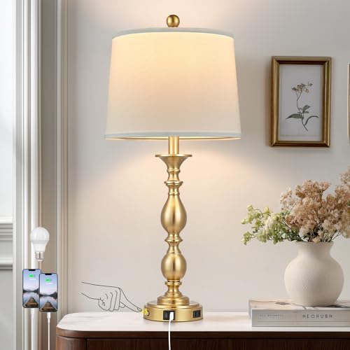 28" Tall Modern Table Lamp with USB A+C Ports and AC Outlet (Gold-1 Pack)