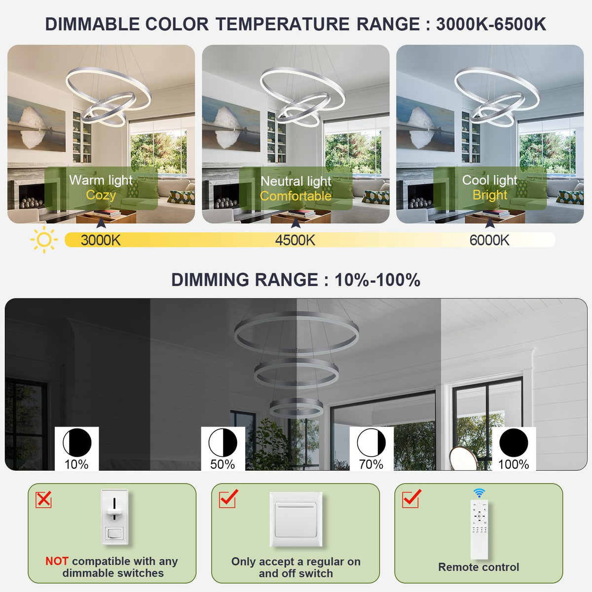3 Rings Modern LED Chandelier Silver LED Pendant Light with Remote (3 Ring Circular D23.6in / Silver)