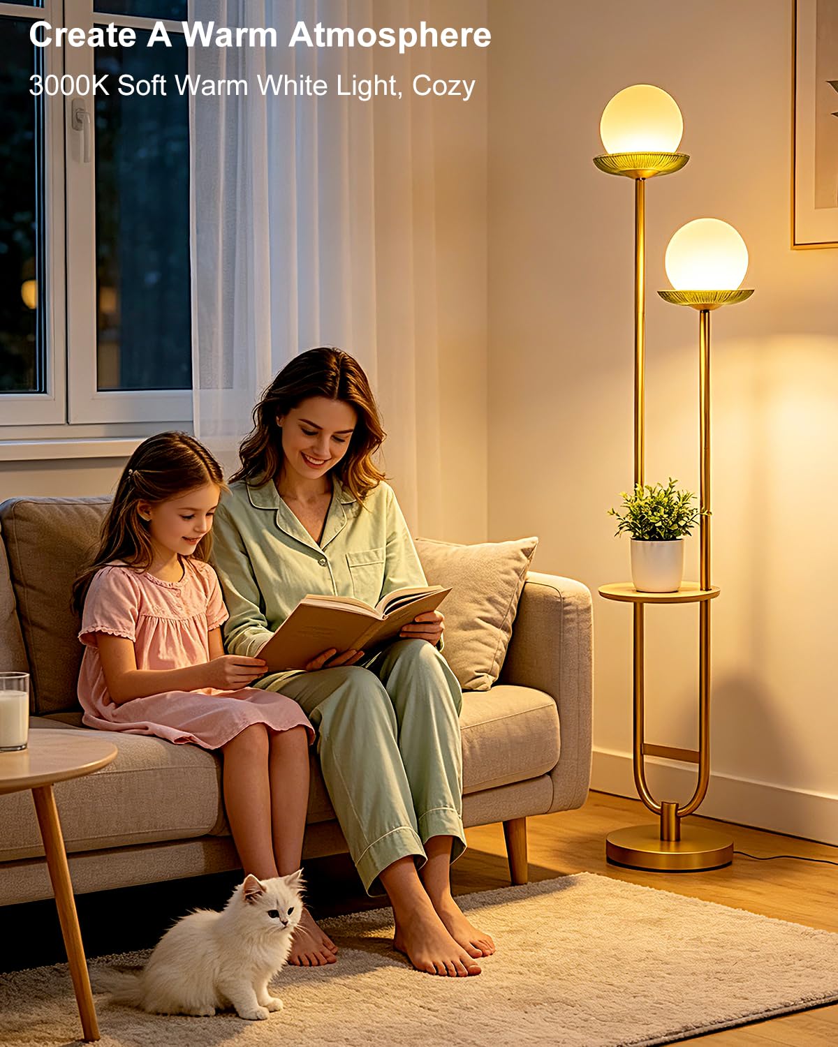 2 Globe Floor Lamp with Green Glass Tray Gold Dimmable Tall Lamp (Green-2U Gold)