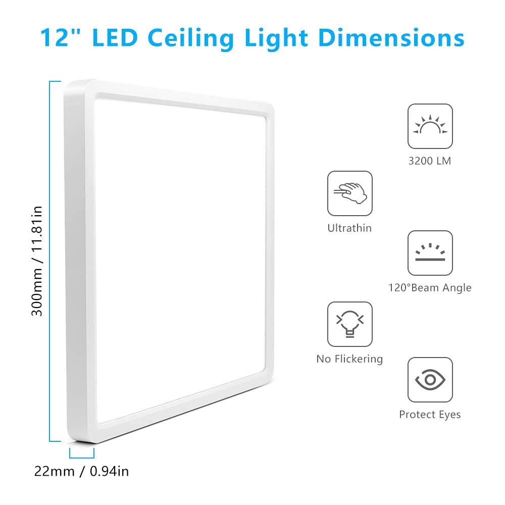 12Inch 24W Square LED Flush Mount Ceiling Light (Natural White / 12 inch White)