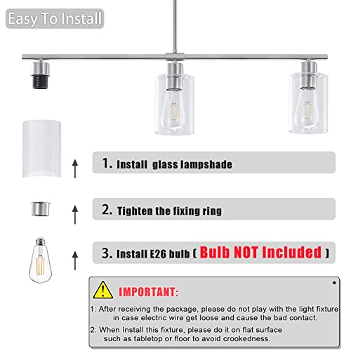 3 Lights Kitchen Island Lighting Brushed Nickel Pendant Light Fixtures with Glass Shade 31" Dining Room Chandeliers Adjustable Height Modern Linear Ceiling Hanging Light for Living Room (Brushed Nickel / 3-light)