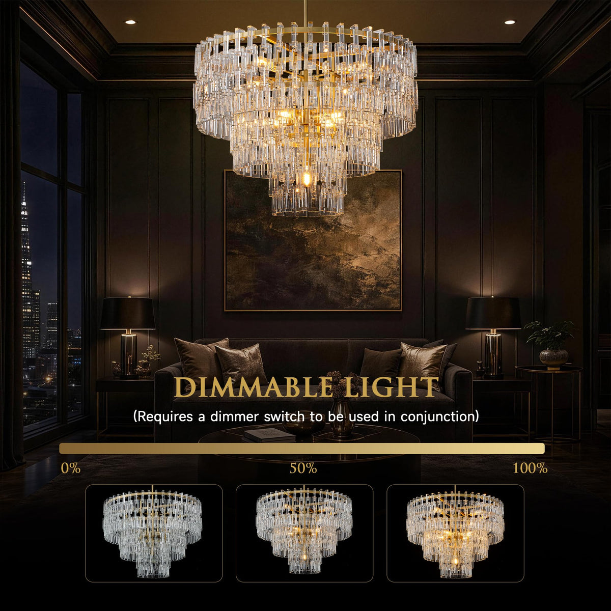 36'' W Round Crystal Chain Chandelier 9 (Gold-4(36''))