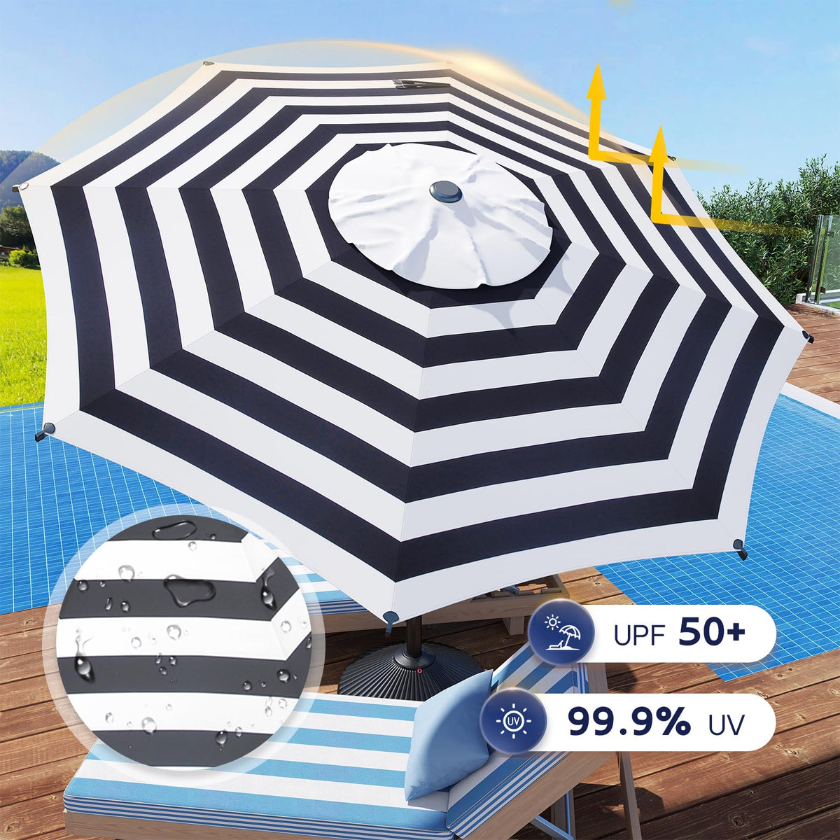 9FT Lyon Outdoor Patio Umbrella Outdoor Table Umbrella with Crank Market Umbrella 8 Sturdy Ribs UV Protection Waterproof and Push Button Tilt for Garden Deck Backyard Pool (9 FT(8 Ribs) / Black & White Stripe)