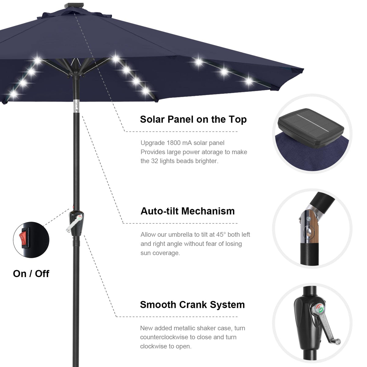 Solar Led Patio Umbrella with 32 Lights 9FT (LED Umbrella / 9ft / navy blue)