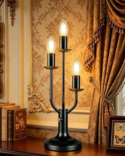 Vintage Black Candelabra Table Lamp Dimmable Gift E12 Bulbs Included (18-Black-Candelabra-3U)