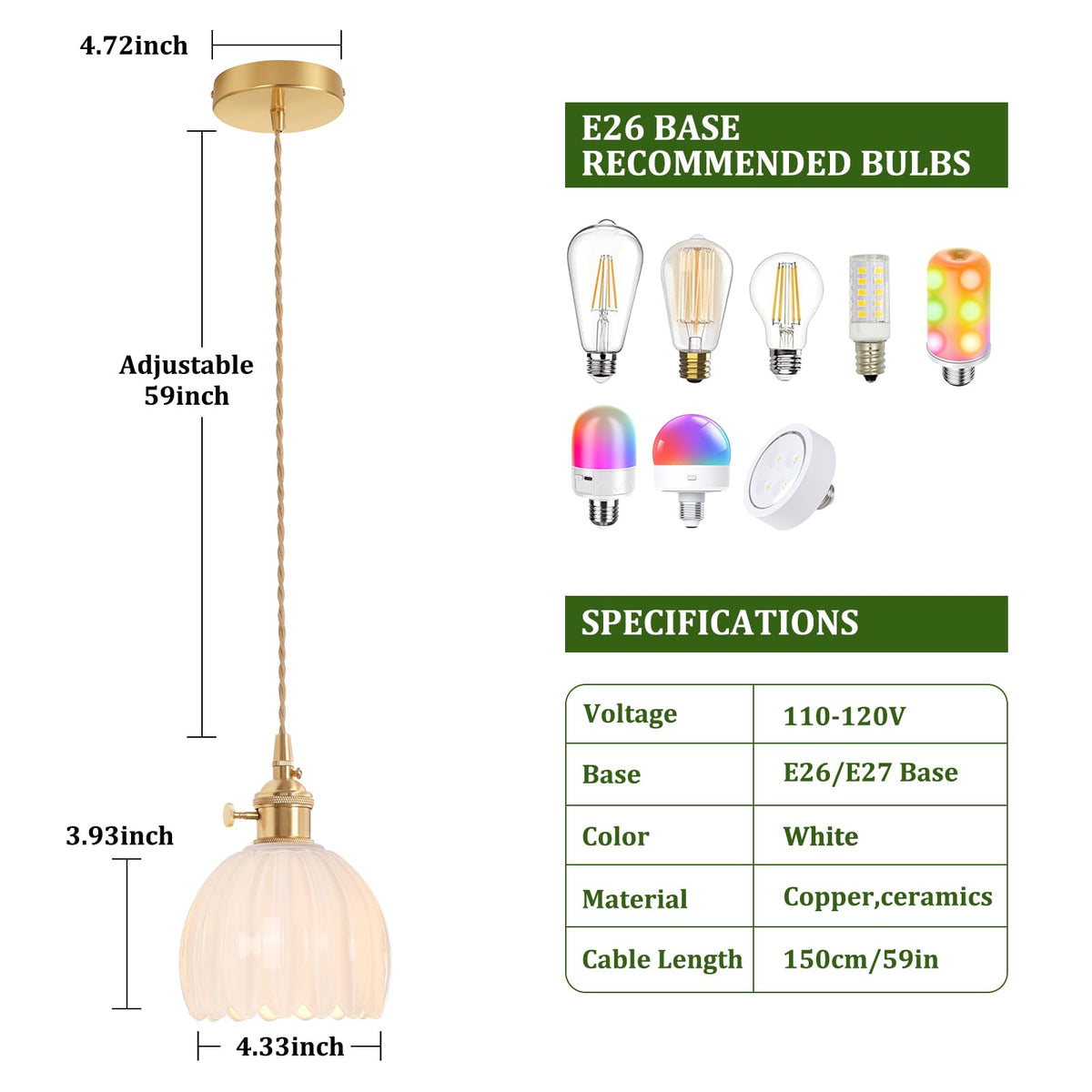 Pendant Light with White Tulip Glass Lmapshade (Tulip White)