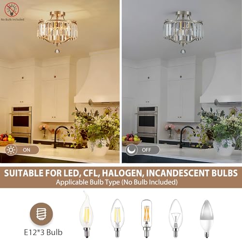 Brushed Nickel Crystal Semi Flush Mount Ceiling Light Fixture Modern Farmhouse Small Chandelier 3 (055-Brushed Nickel)
