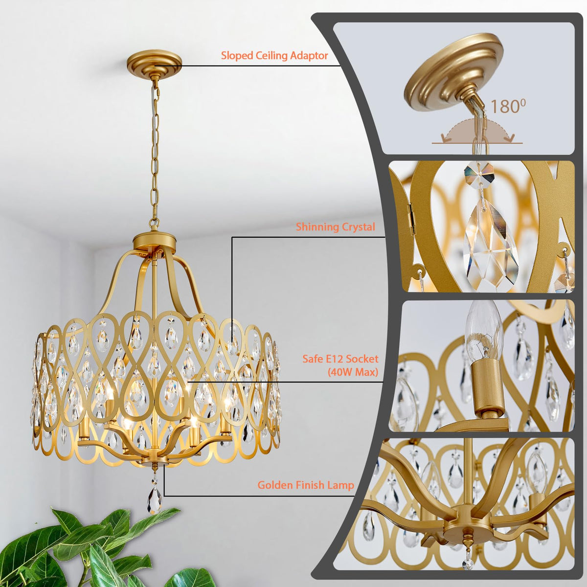 22" Gold Crystal Chandeliers for Dining Room 6 Lights Hanging Pendant Lighting Fixture Metal Farmhouse Chandelier for Kitchen Island Entryway Living Room