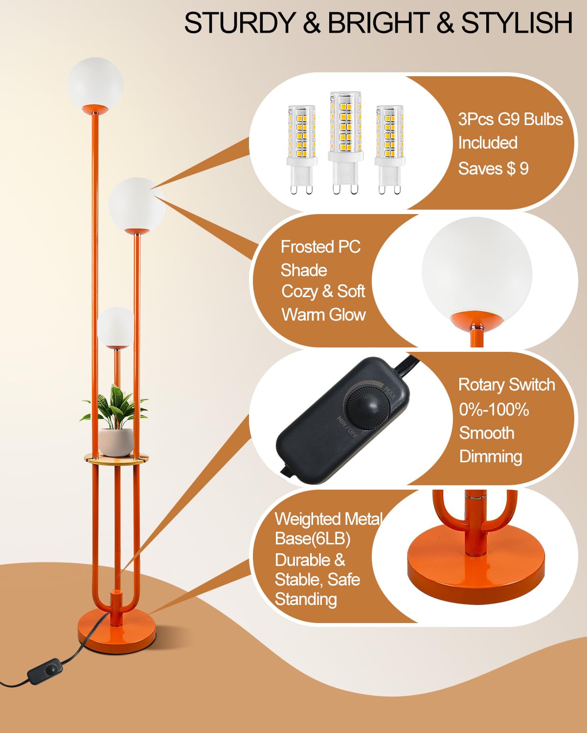 Dimmable 3 Light Globe Floor Lamp with Storage Shelf (Orange-3UE)