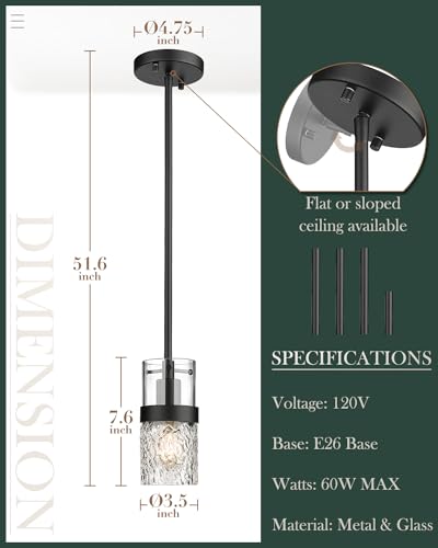 Glass Pendant Lights Kitchen Island (Black -Hammered Glass / 3.5" Hammered Glass, 1-Light)