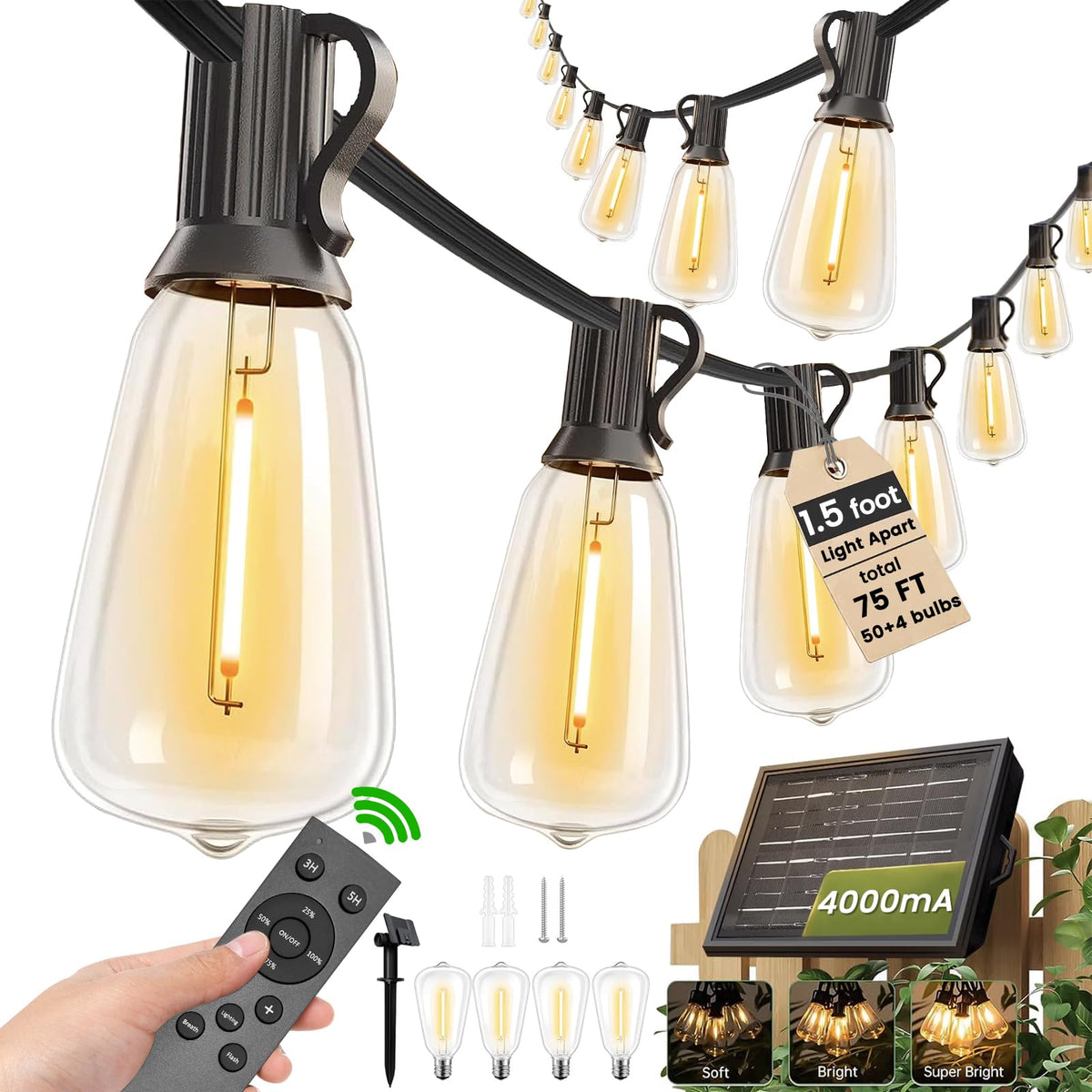 75FT Solar String Lights Outdoor with 50 Bulbs (ST38-Solar-Remote / Remote Solar 75FT (1ft apart))