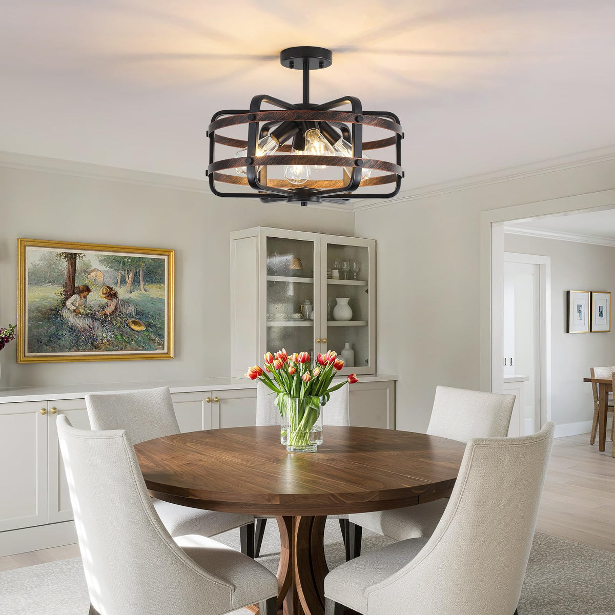 17.71'' Farmhouse Cage Semi Flush Mount Ceiling Light Fixture 4 (17.71''-Black&Brown-E26)