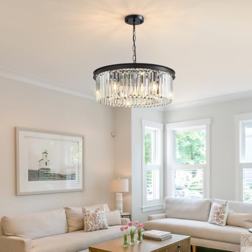 20'' Modern Crystal Chandelier Black Dining Room Light Fixture 8 Light (Black & 2 Tier Clear Crystals / 20'')