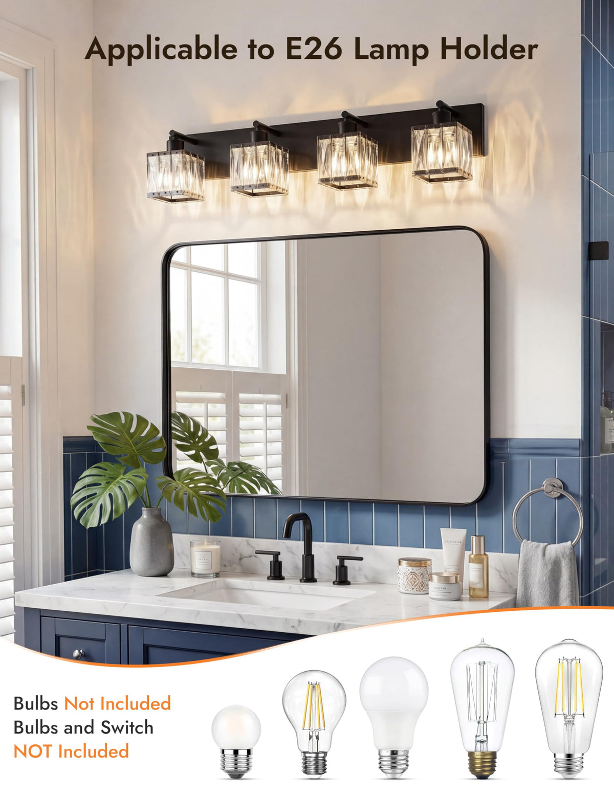4 Light Crystal Bathroom Vanity Light Square (Matte Black-Square / 4 Light)