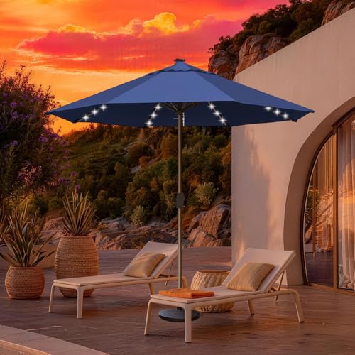 USA 10-Year-Non-Fading 10ft Market Patio Umbrella, Commercial Grade Table Sun Umbrella with 80 Solar LED Lights, Crank Open, Windproof & UPF 50+ UV Protection for Garden, Deck, Pool, Backyard, No Tilt, Navy Blue (Navy Blue / 10FT(Single Vent No Tilt))