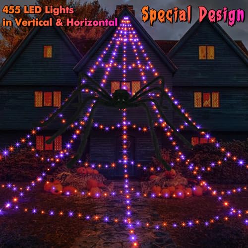 Halloween Spider Web Lights Decoration 455 LED Spider Webs Halloween Decorations Outdoor with 59" Large Spider & 3.53 oz Stretch Cobweb 16.4 Ft Light Up Giant Spider Web