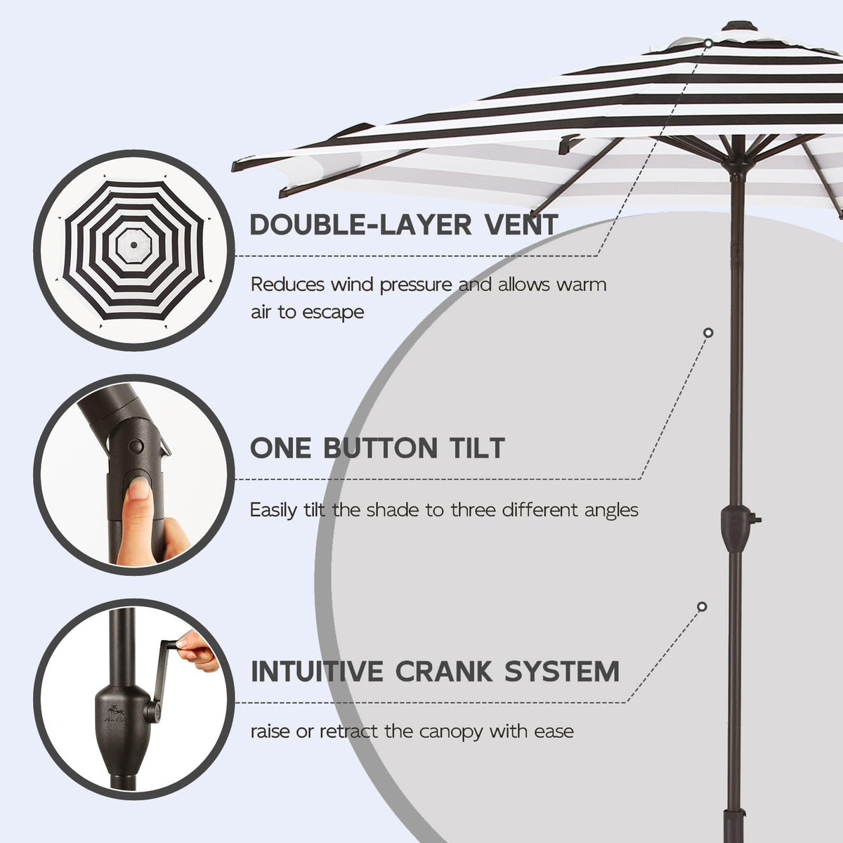 9FT Lyon Outdoor Patio Umbrella Outdoor Table Umbrella with Crank Market Umbrella 8 Sturdy Ribs UV Protection Waterproof and Push Button Tilt for Garden Deck Backyard Pool (9 FT(8 Ribs) / Black & White Stripe)