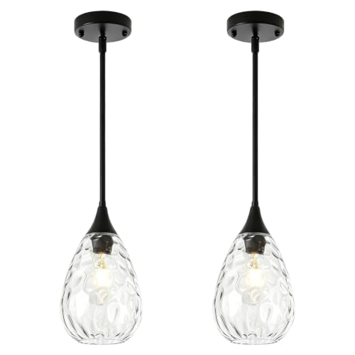 2 Pack Black Pendant Lights Kitchen Island Hammered Glass Light Fixtures (2 Pack Black)