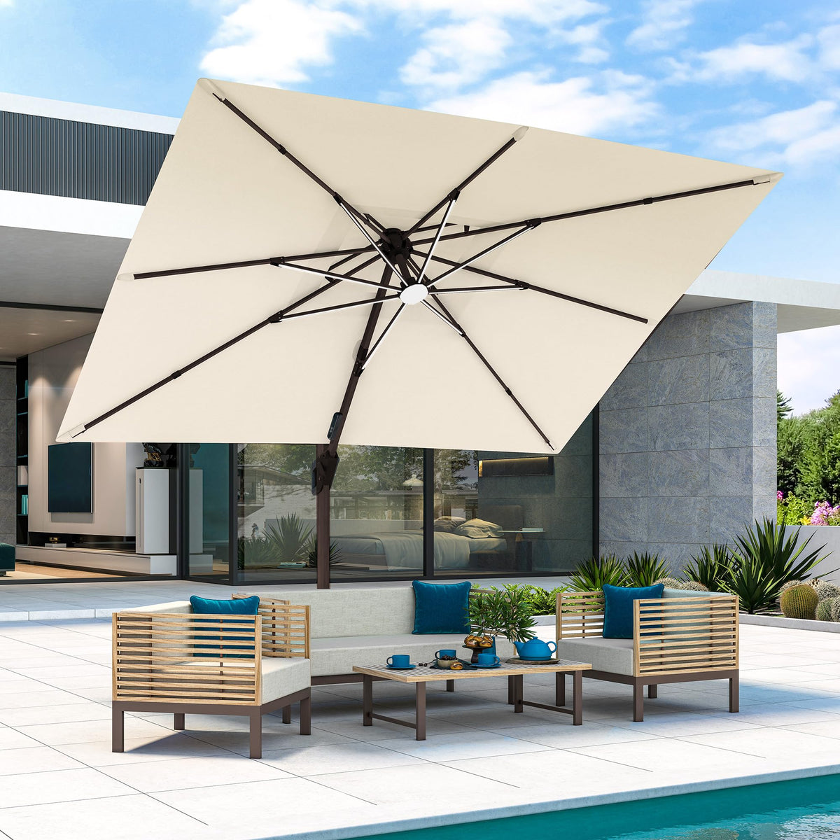 9x12 FT Cantilever Offset Patio Umbrella with Lights & Base (Beige)