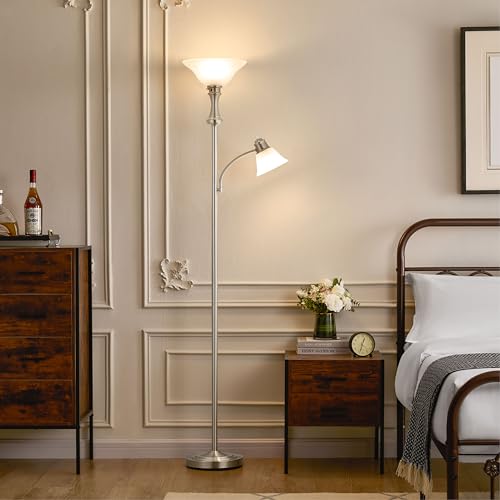 Torchiere Silver Floor Lamp with Adjustable Angle Reading Lamp (Silver)