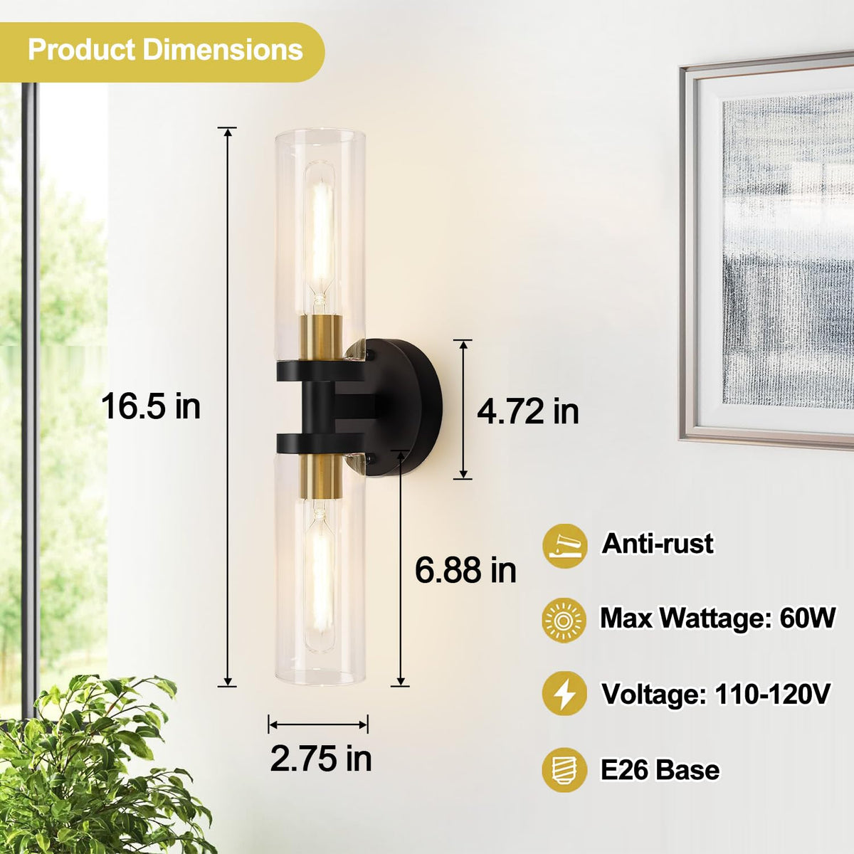 Hardwired Wall Sconces Set of Two (Black and Gold / Hardwired-16 Inch-2PC)