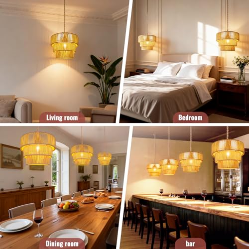 Hanging Light Rattan Lamp Shades Boho Lamp Shade Pendant Light (12.5 Inch Boho Lamp Shape)