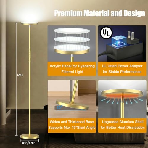 Floor Lamp Upgraded 40W 4000LM Super Bright Torchiere LED Floor Lamps for Living Room (40W Brushed Gold)