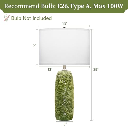 25" Green Ceramic Table Lamps for Living Room Set of 2 with Leaves Design (Green-L)
