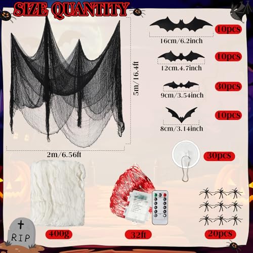Halloween Spider Web Decorations with 32FT String Lights (Red Light)