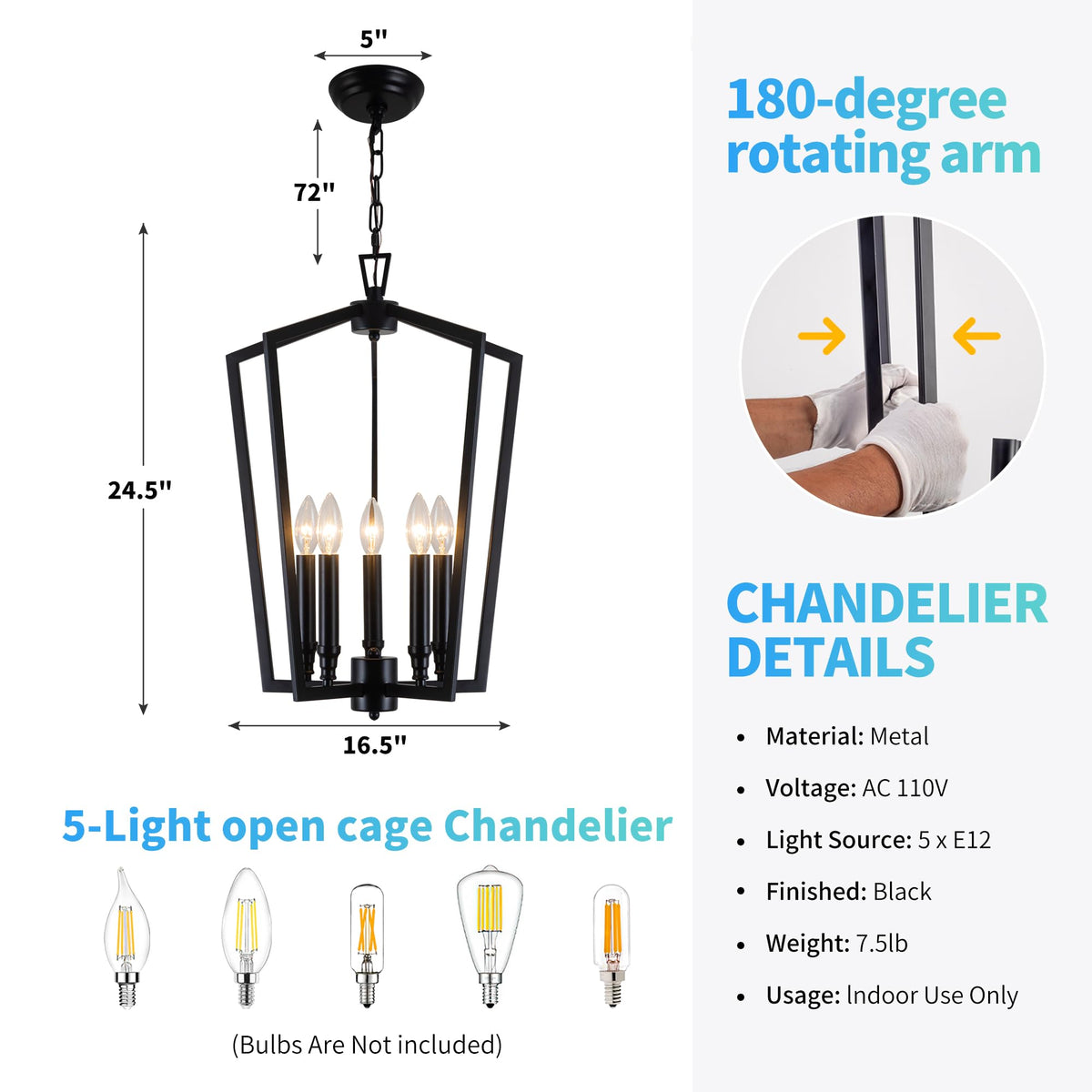 Modern Black Lantern Chandelier for Foyer Entryway Dining Room (Black D16.5 Inch)
