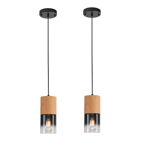 2 Pack Modern Pendant Lights for Kitchen Island (Wood Grain & Black—Cord / 2 Pack)