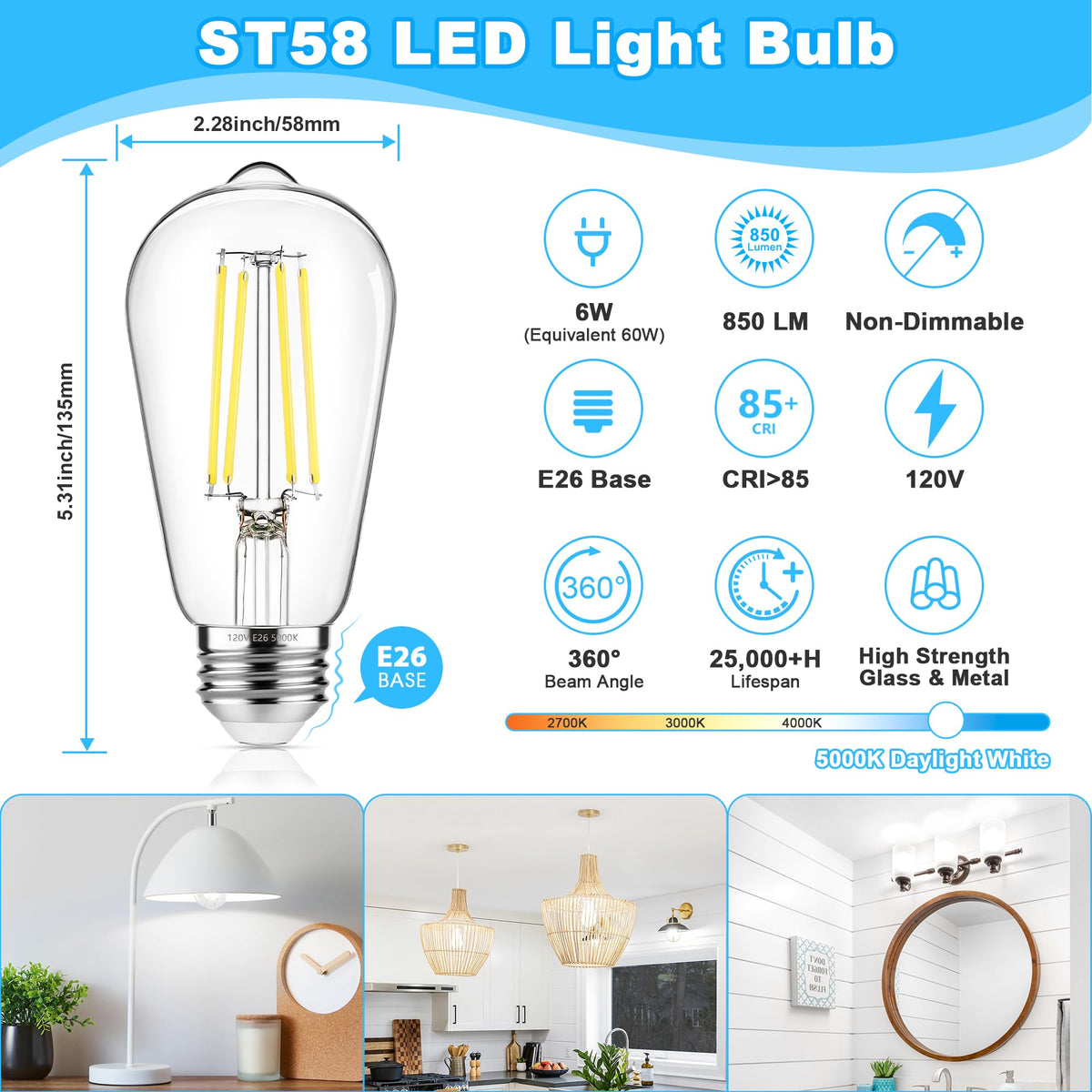 4 Pack Vintage Edison LED Bulbs (Daylight White)