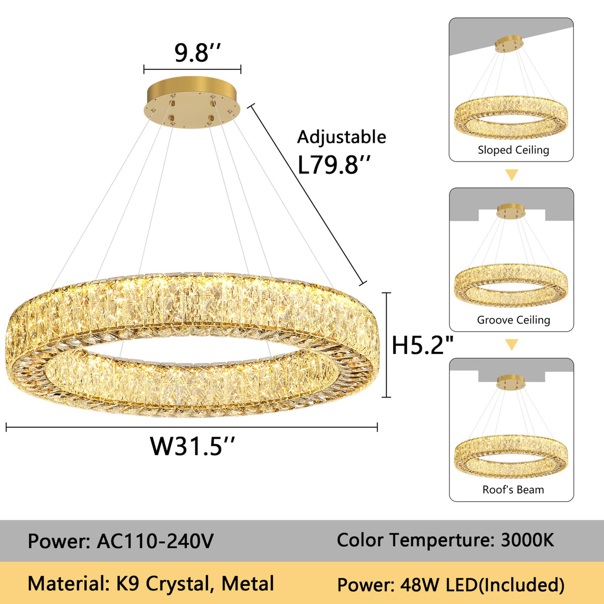 32 Inch Chandelier Glam Dimmable LED Crystal Chandeliers Luxury Round Pendant Lighting Fixtures for Dining Room Bedrooms Gold (Gold / Ring 32")