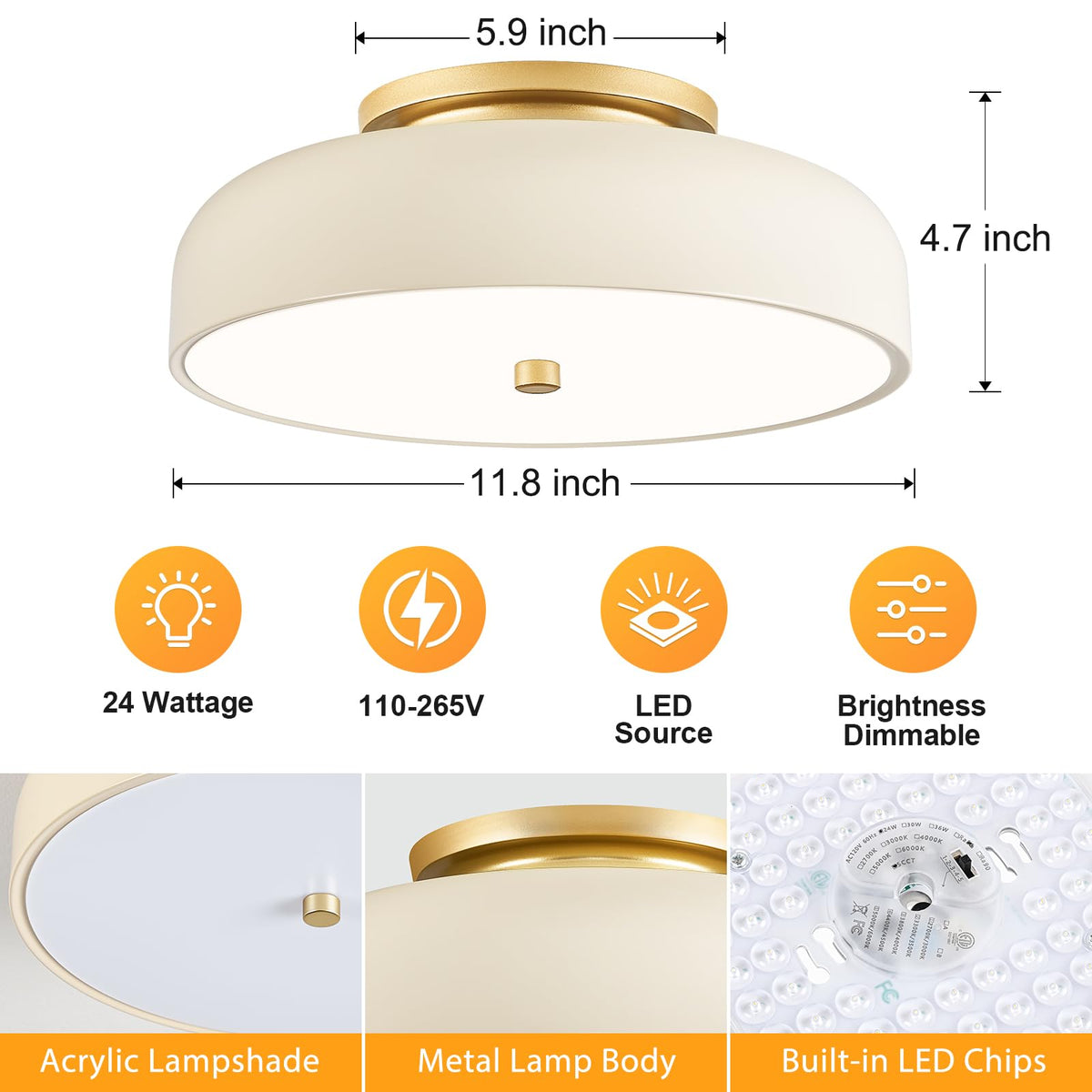 Dimmable LED Ceiling Light Fixture (Cream White / 11.81IN)