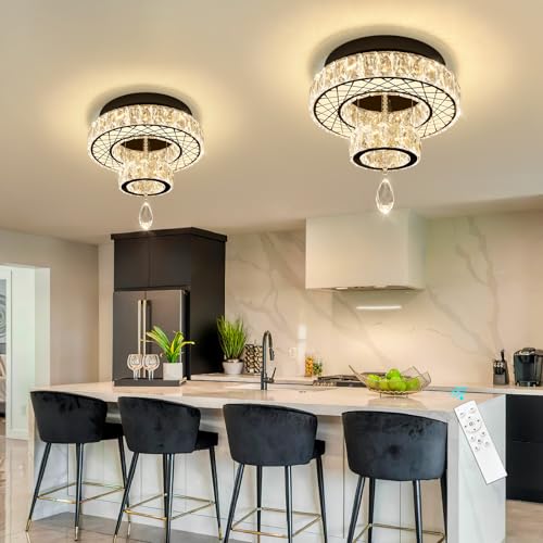 Modern Flush Ceiling Chandelier Bedroom Light Fixtures Crystal Flat Sloping Ceiling Lights for Hallway Kitchen Dining Room Dimmable Light with Remote Black (12 inch / Black)