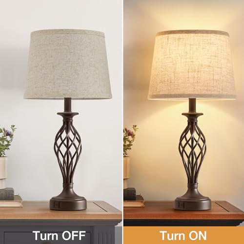 Table Lamp for Bedroom Set of 2 with USB C+A Ports (Brown Base + Beige Lampshade)