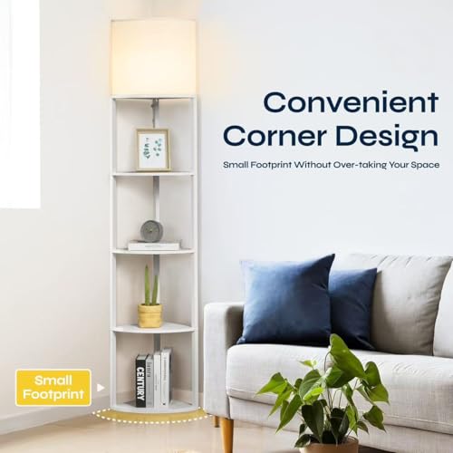 Corner Floor Lamp with Shelves (White)
