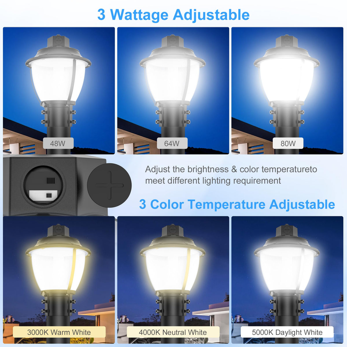 LED Post Top Light 80W 60W 48W Adjustable LED Pole Area Lights Dusk to Dawn (8.66 Inch)