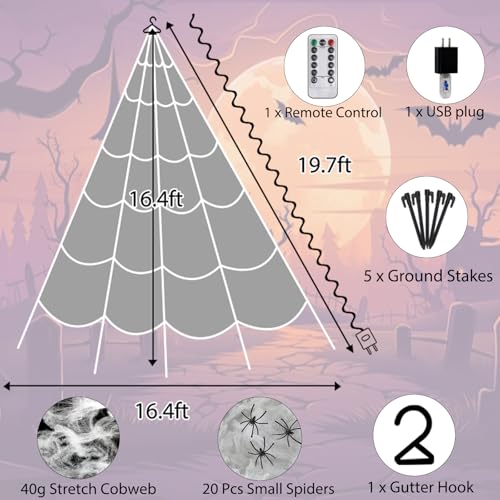 Halloween Spider Web Lights 550 LED Lighted Spider Web 16.4Ft Giant Halloween Decorations Light up with 8 Lighting Modes Waterproof & Timer for Indoor Outdoor House Haunted Yard Decor (Antique)