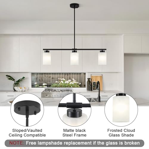 31" Kitchen Island Lighting 3 Light Black Pendant Light for Kitchen Island with Milk Glass Shade Modern Linear Chandelier Adjustable Hanging Farmhouse Light Fixtures Over Dining Table Living Room (Black / 3-light)