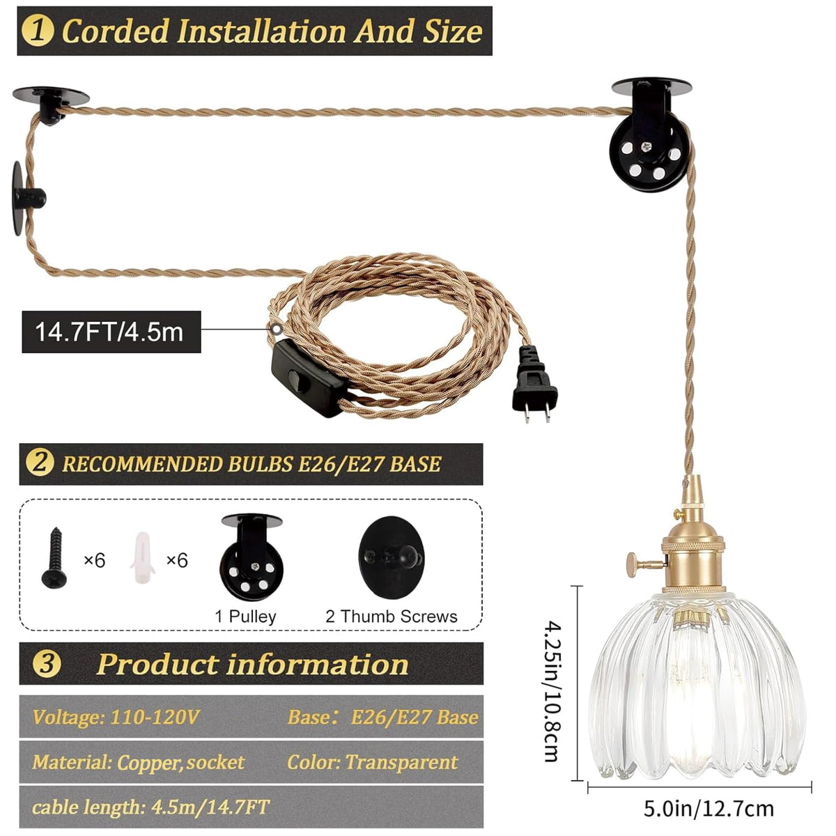 Plug in Pendant Light Hanging Light Fixture Corded On (Gold Clear)