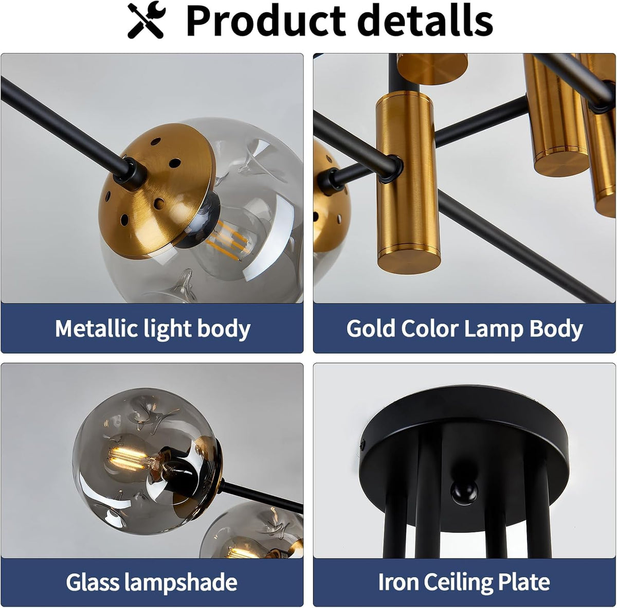 8 Light Sputnik Chandelier with Glass Globe Mid Century Modent Black Gold Ceiling Light Fixture Large Flush Mount Chandelier for Dining Room Bedroom Living Room Kitchen (8 lights)