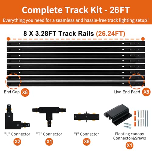 26FT H Track Lighting Rail Kit (Black / 26FT)