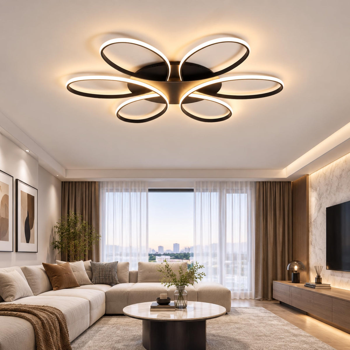Modern LED Ceiling Light Fixture Black Flush Mount Ceiling Lamp with Remote Control Dimmable Rings Flower Shaped Ideal for Living Room Suite Bedroom Leisure Study Room Kitchen (750mm/29.5inch)