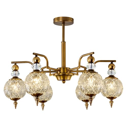 Vintage Gold Sputnik Chandelier 6 Lights Crystal Adjustable Hanging Ceiling Light Fixture Antique Large Pendant Lighting with Glass Globe Shade for Living Room Dinning Room Bedroom Kitchen (Gold / 6 light)
