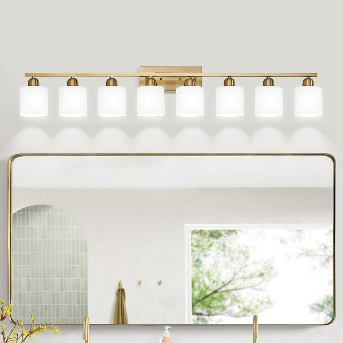 8 Light Bathroom Light Fixtures Gold for Big Mirror (Gold & Milky White Glass / 8-Light)